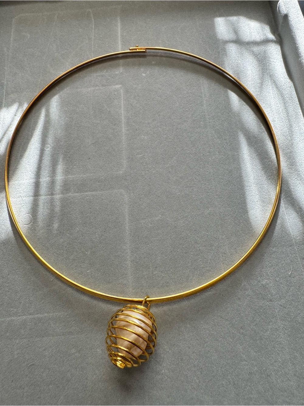 Gold Wire Choker Necklace with Pearl Cage Pendant